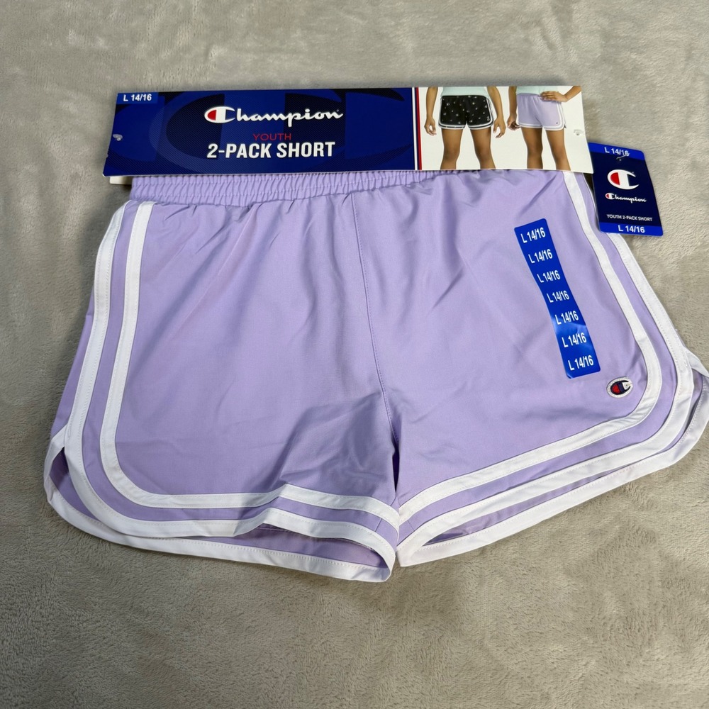 Champion 2-Pack Shorts Youth L 14/16 Purple Black Logo Print Polyester Spandex